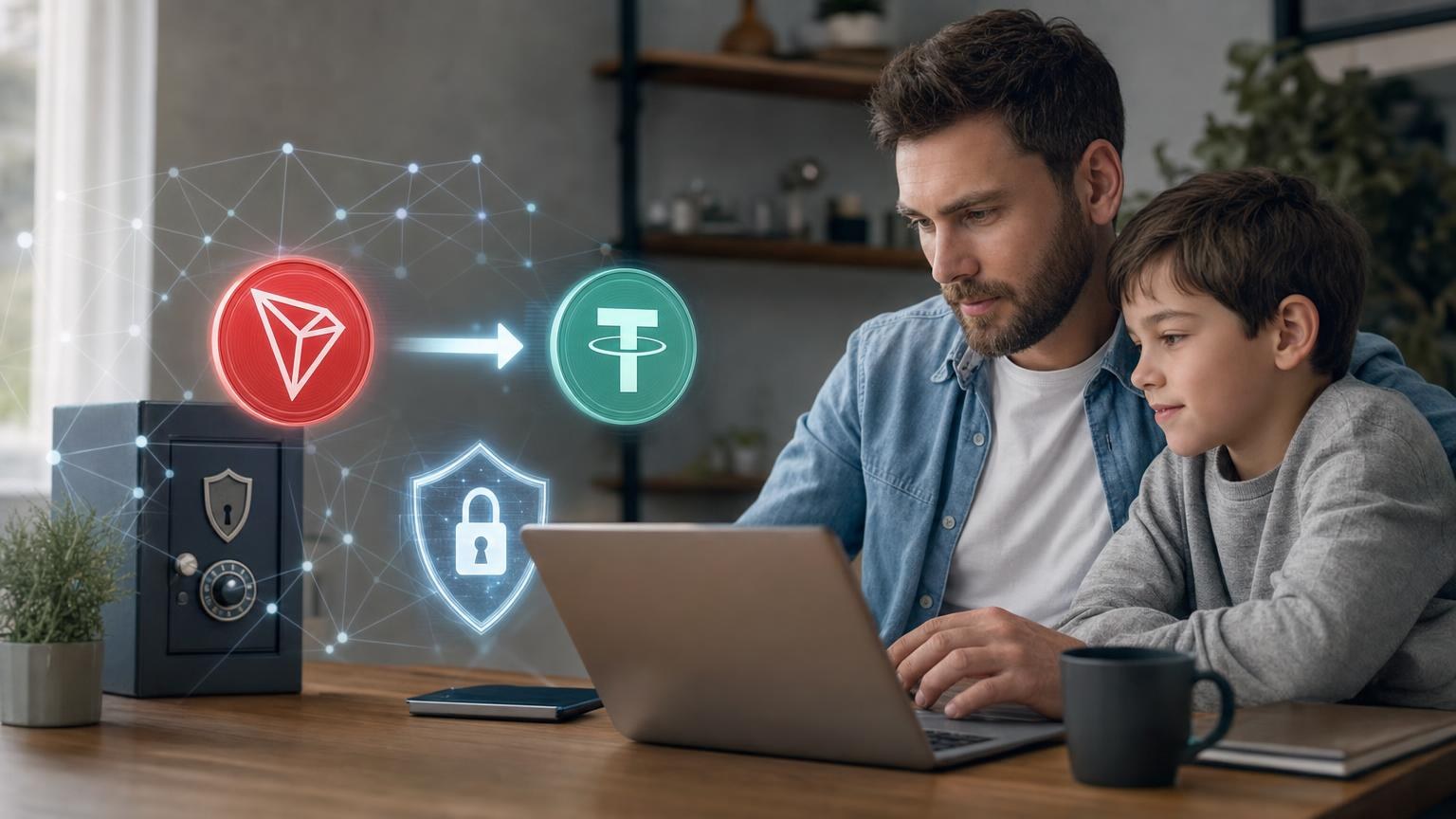 A secure TRX-to-USDT exchange route showing the TRON network, wallet addresses, transaction checks, and confirmation stages